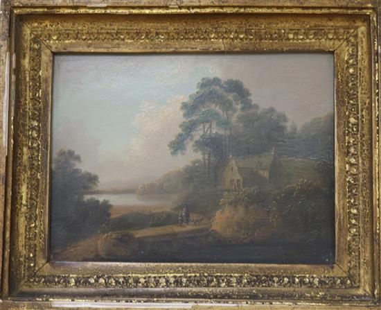 J. Rathbone, oil on board, figures in a landscape, 22 x 29cm